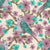 Mauve pink and teal bird with pink and teal flowers on a diamond shape layout and a beige color background. Image