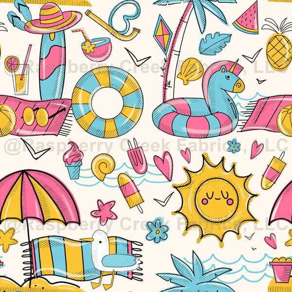 Beach Day Raspberry Beach Day Kawaii Beige - Raspberry Creek Fabrics