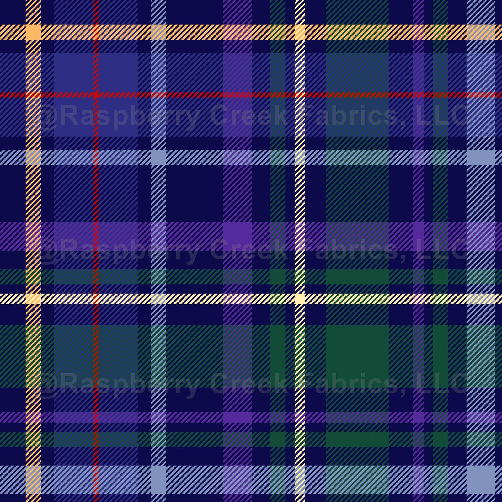 Large dark welsh style tartan. The colors depict the overall vibe of Wales: woods, meadows, sky, waters, bluebells, daffodils and the red dragon. Thinner orange, yellow and a red line, base colors in blue and green.