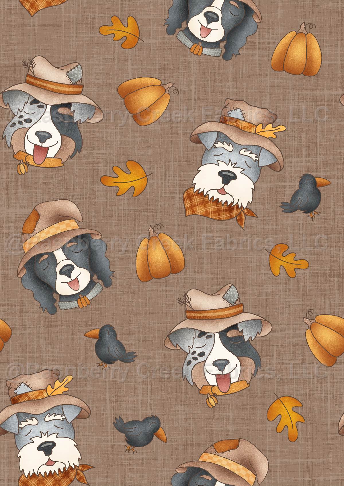 Scarecrow Pups on Brown, Paws & Pumpkins by Krystal Winn Design