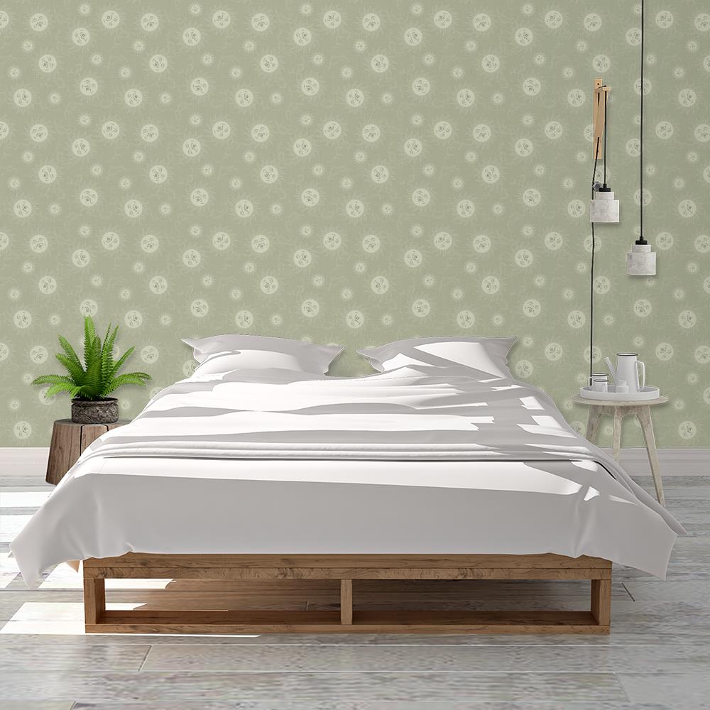 light green nursery wallpaper, retro suns and clouds, sleepy sun on a dusty sage green background with linen texture look