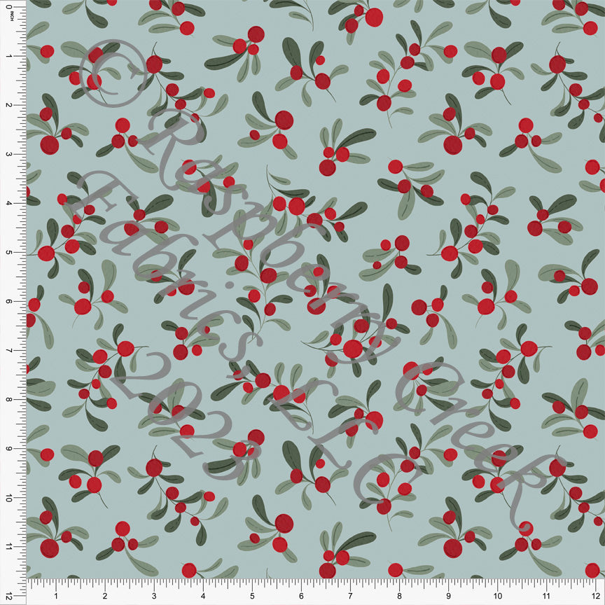 Dusty Blue Sage and Red Holly Berry Print Fabric, Christmas by Brittney  Laidlaw for CLUB Fabrics Fabric, Raspberry Creek Fabrics