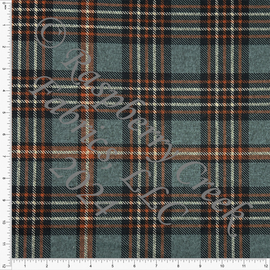 Dusty Green Deep Teal and Rust Plaid Brushed Heathered Hacci Sweater Knit Fabric, CLUB Fabrics Hacci