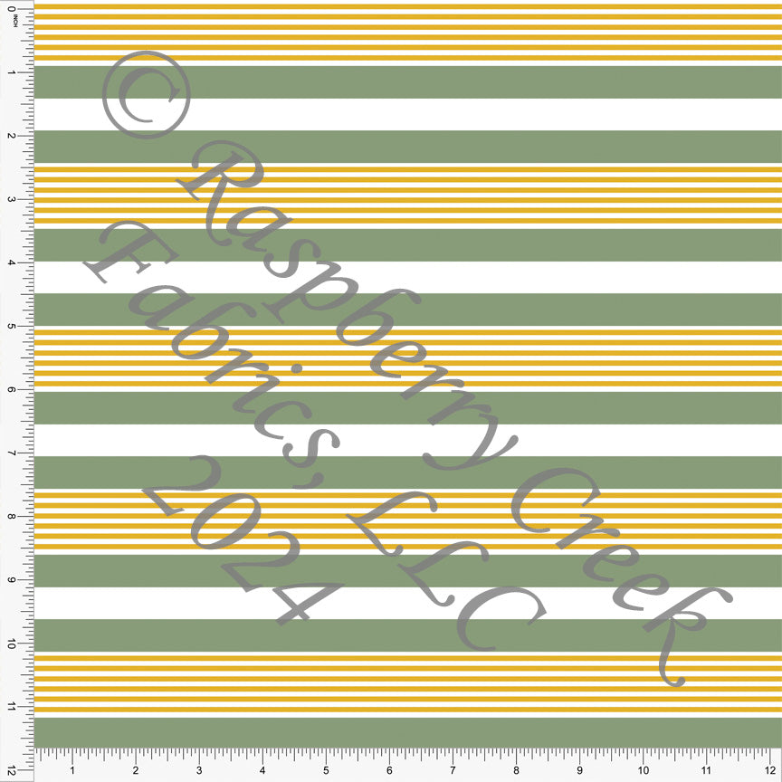 Sage Green Mustard and White Multi Stripe Print Fabric, Fall Stripes for CLUB Fabrics