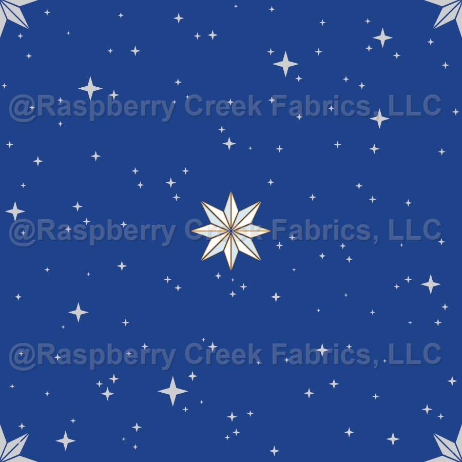 NorthStar Christmas Collection – Royal Blue with White Silver Grey Stars on Distant Star Design–  Royal Blue with White, Gold, Light Blue and Grey Silver Stars
