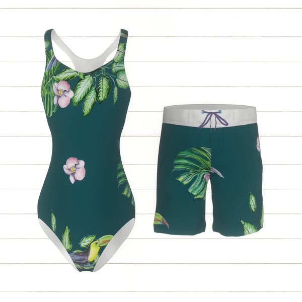 Toucan with Leaves and Orchid on Alexandrite - Raspberry Creek Fabrics