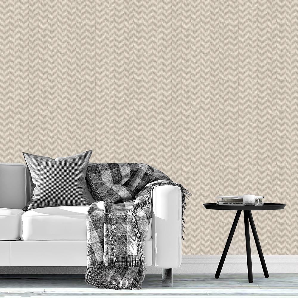 Classic Chevron Stripe in Warm Beige and Ivory with Woven Linen Texture Wallpaper