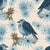 Painterly little blue bird with blue flowers sitting on a branch on a beige color background pattern. Image