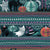 Embroidery Halloween // black cats orange aqua and teal pumpkins white ghosts and purple stitches on green background Image