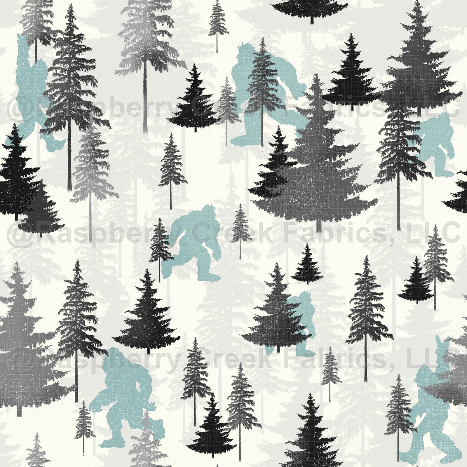 Hide and Seek Bigfoot Sasquatch Yeti Woodland Pines Aqua and Gray