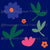 Cheerful Flowers and Leaves in Blue, Pink, Orange and Green on a Navy Blue Background Image