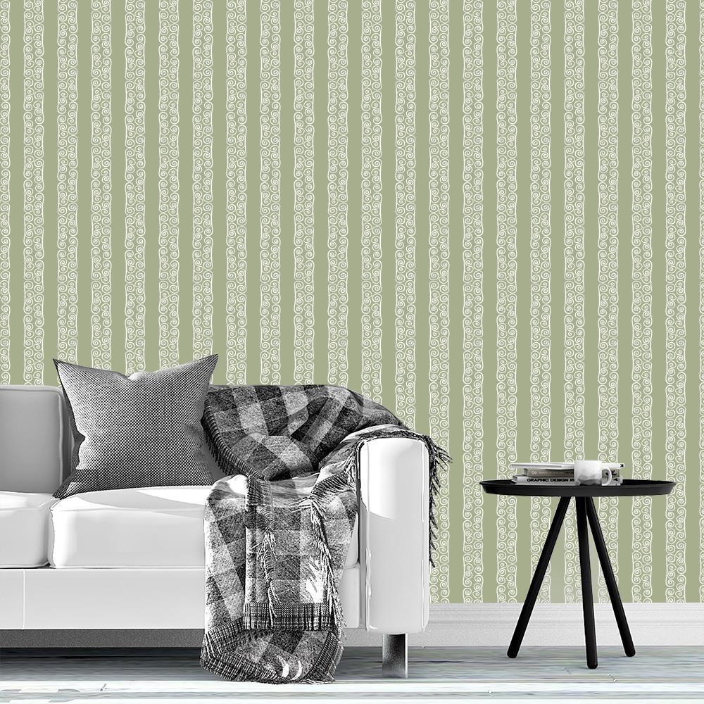 Hand Drawn Spiral Stripes in Soulful Sage Green and White with Organic Bands Wallpaper