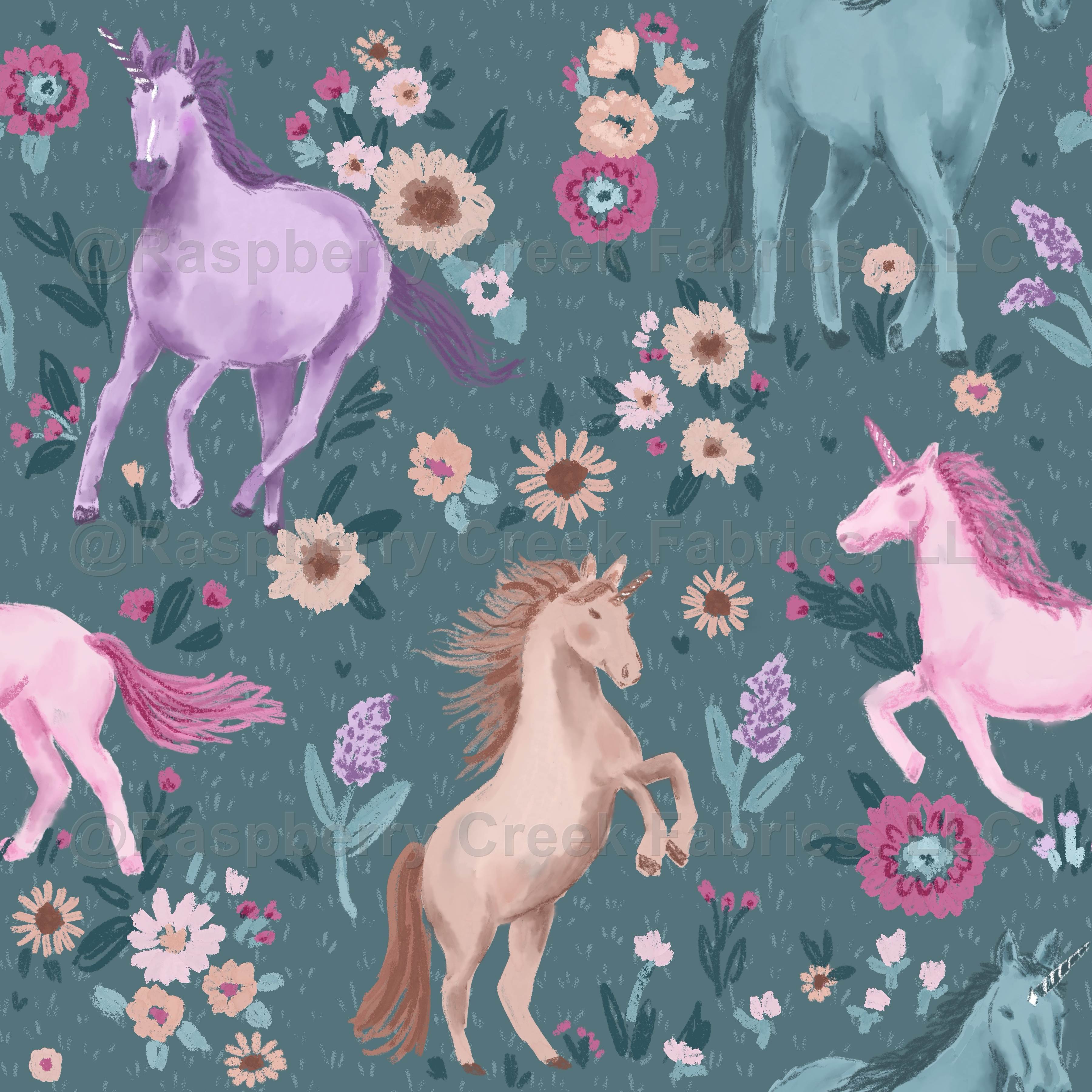 Unicorns Frolicking Floral on Teal watermarked