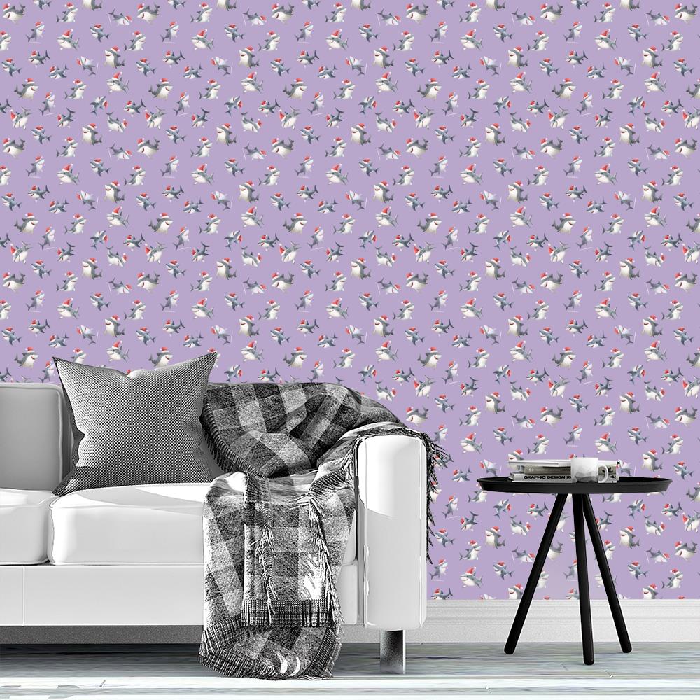 Tossed Christmas Sharks on Light Purple