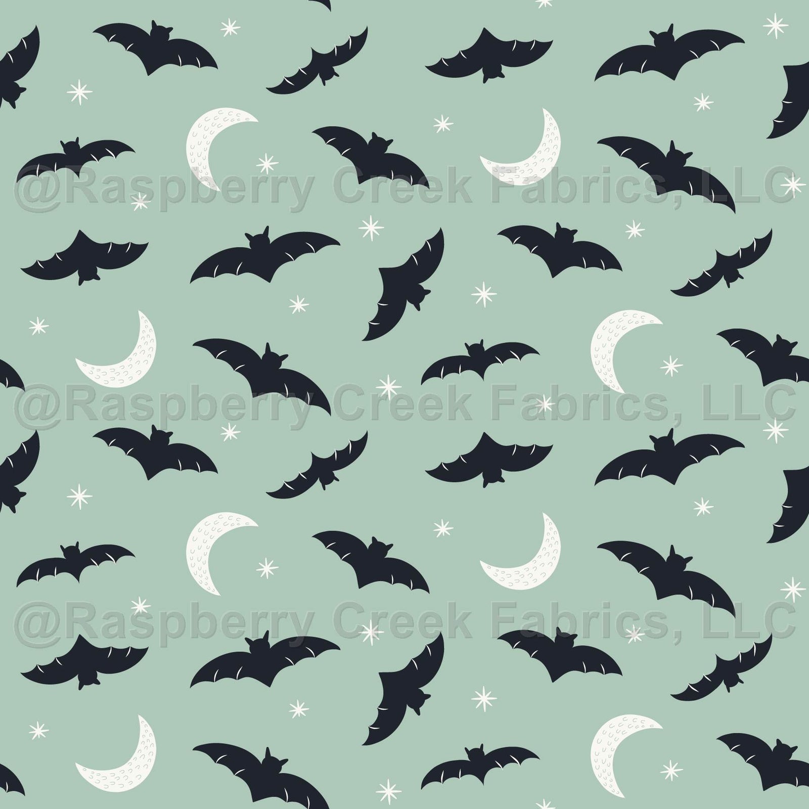 bats, halloween, moon, stars, spooky, green Fabric, Raspberry Creek Fabrics