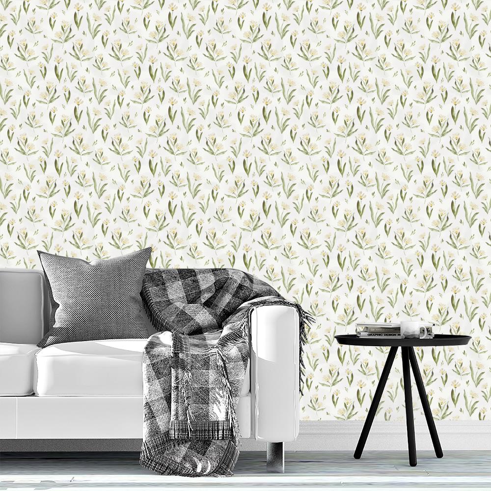 Happy Flowers White wallpaper design by Lisee Ree | Happy painted white watercolor flowers dance across the painted background.