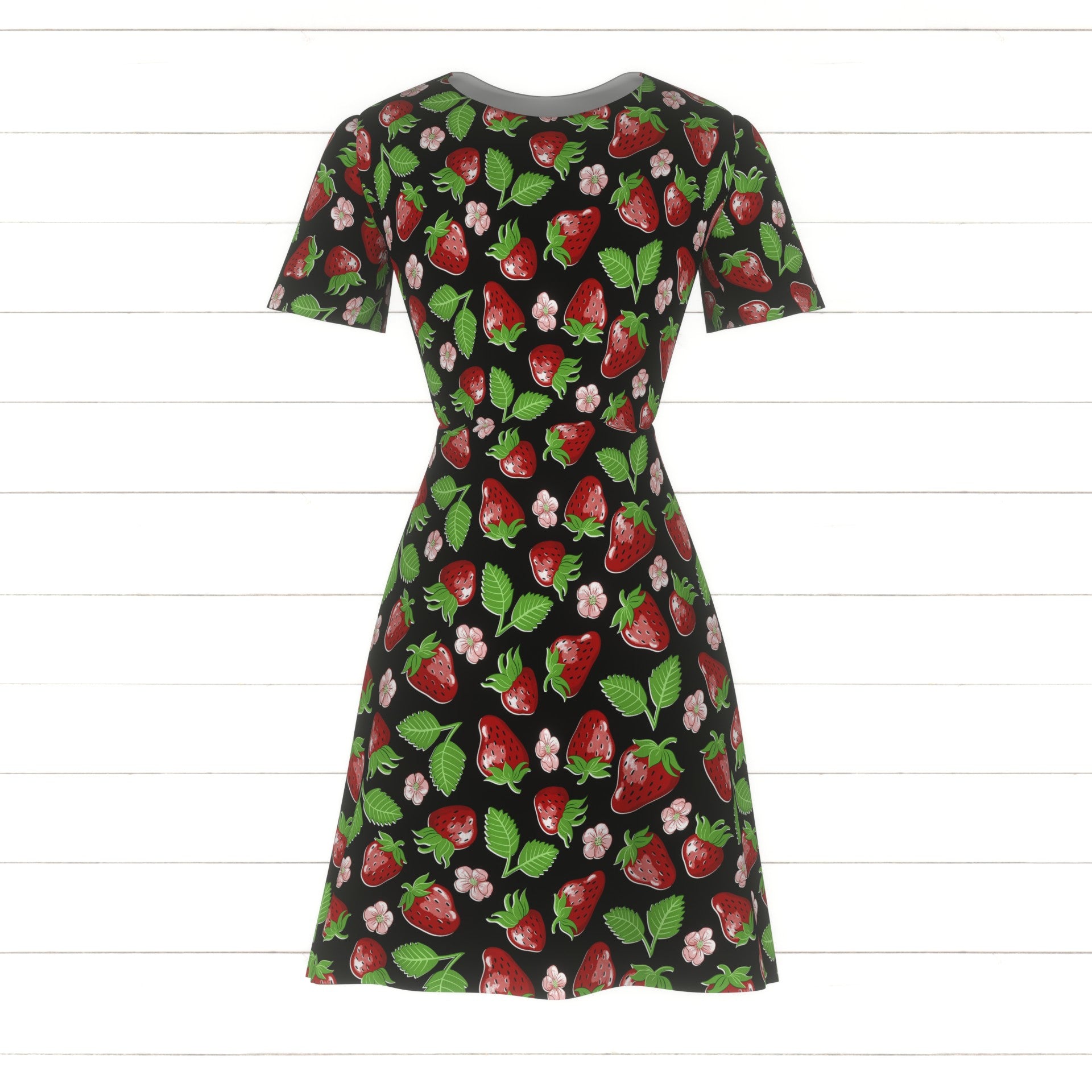 Strawberries and Blossoms on Black Fabric