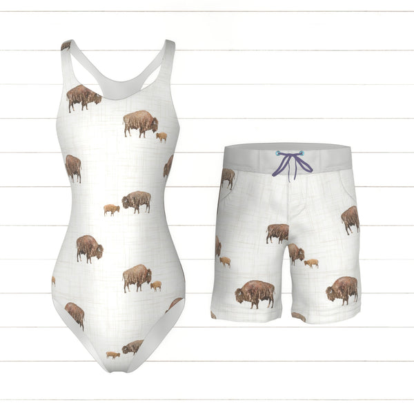 Watercolor Bison and calf pattern on a linen-effect background ...