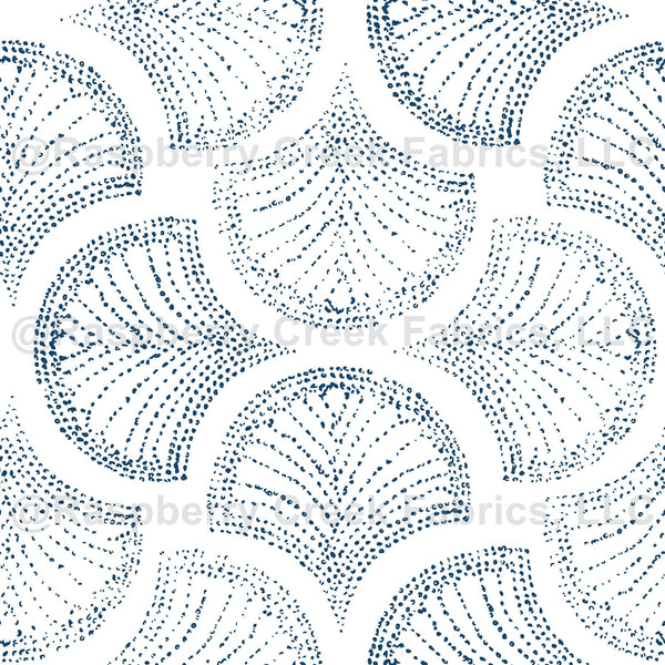 Ogee block print dotted pattern - white and blue - Raspberry Creek Fabrics