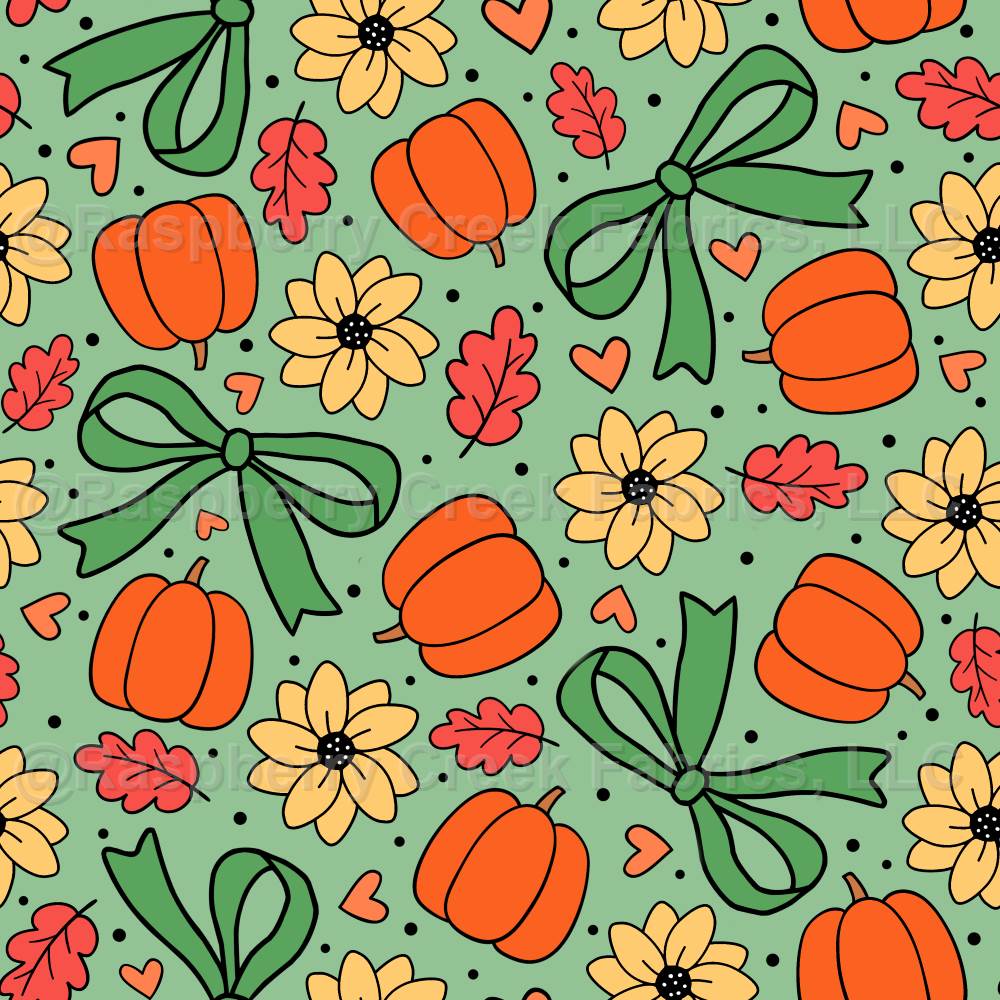 Autumn Splendor Pumpkins Bows Sunflowers in Green