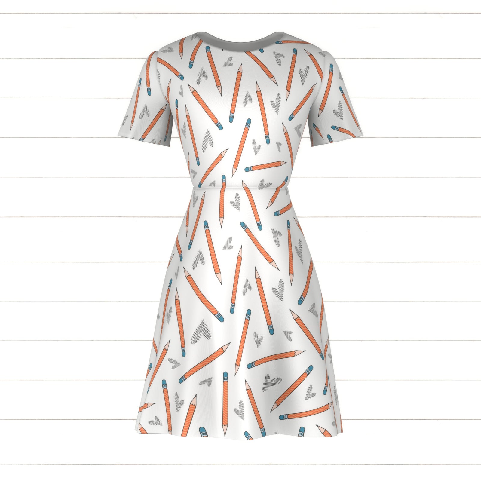 Tossed pencils, back to school allover print, coral orange peach pencils, heart doodles kids children