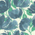 Tossed blue watercolor poppies and green leaves on a light green background. Image