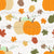 Pumpkin Patch White; Orange, green, and beige pumpkins on white background; scattered fall leaves and acorns Image