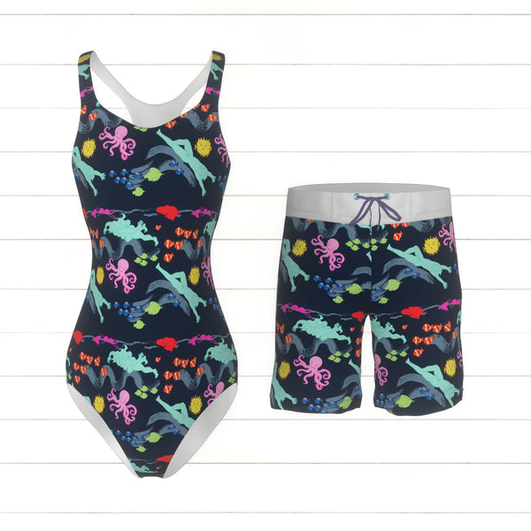 Colourful and fun sea print with swimmers without swimming costumes, f ...