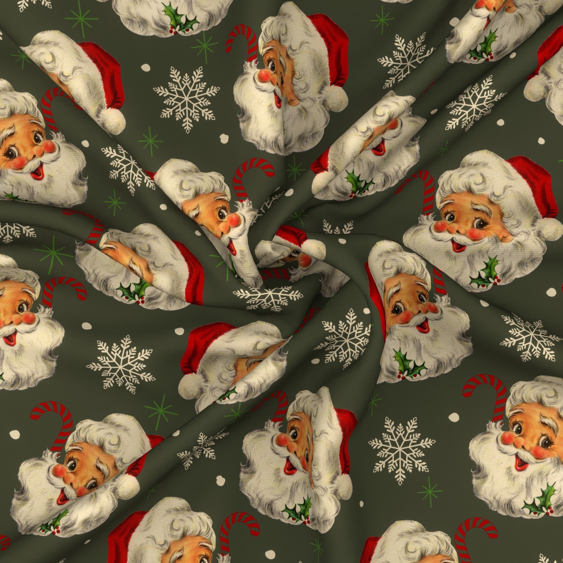 RETRO VINTAGE CHRISTMAS SANTA CLAUS HEADS ON LIGHT RED COTTON FABRIC 1/2  YARD