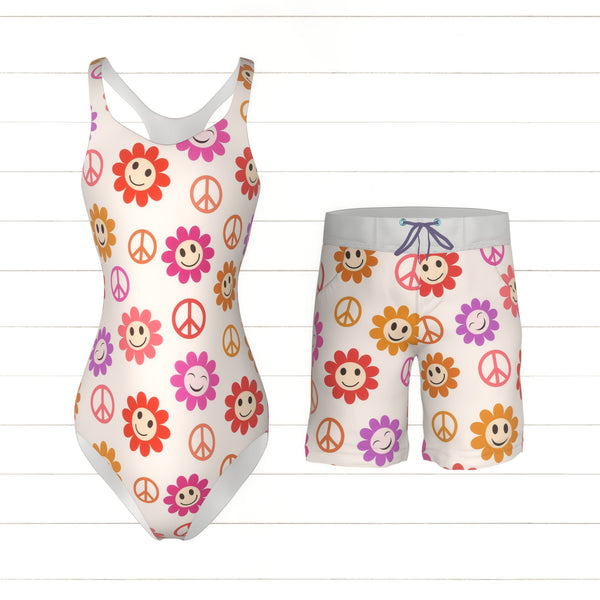 Colorful Smiley Flowers Pattern with peace signs - Raspberry Creek Fabrics