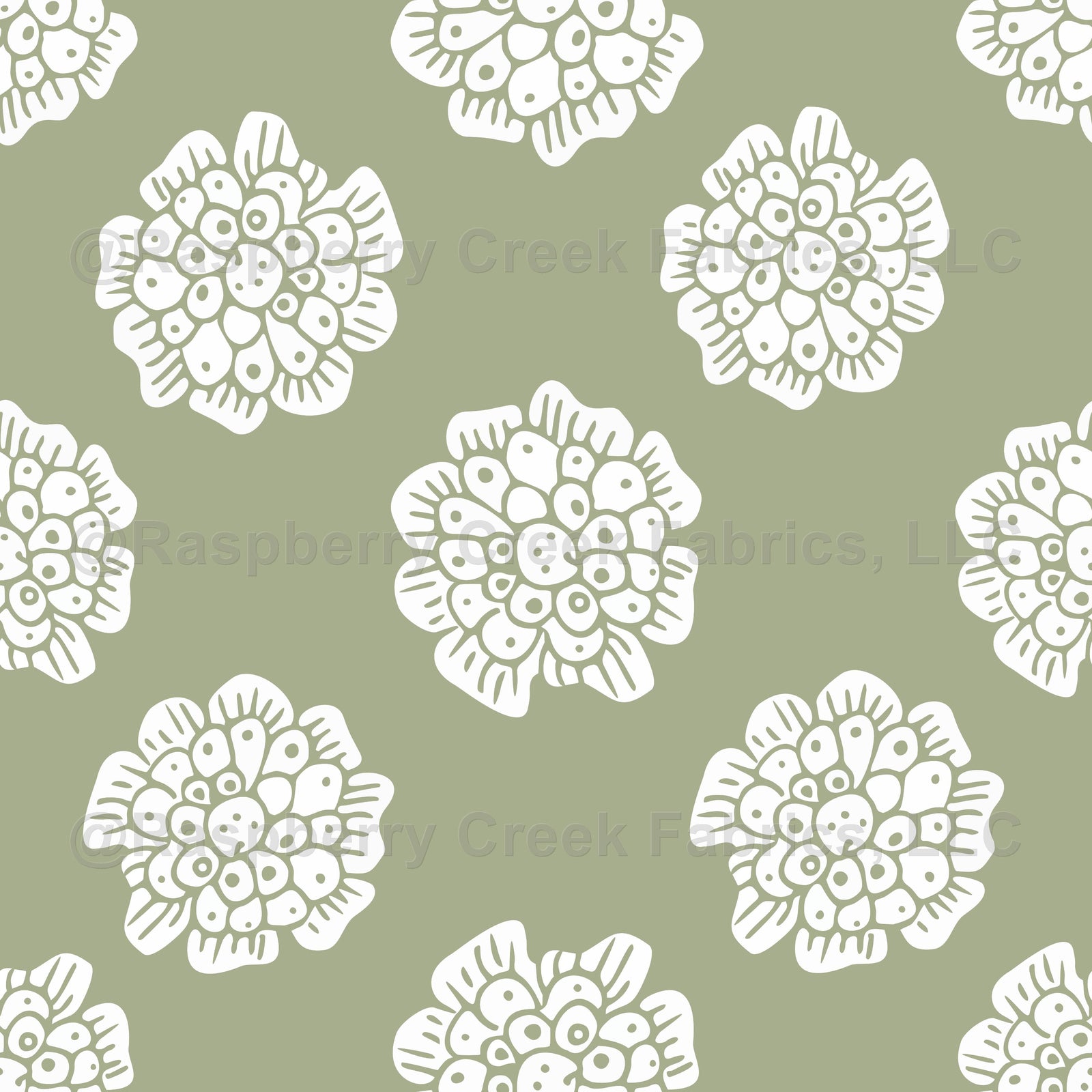 Organic Hand Drawn Stylized White Floral Motifs on Soulful Sage Green Wallpaper