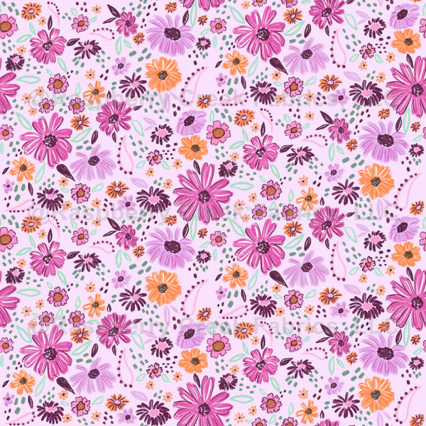 Hand Drawn, Ditsy Floral, Lavender, Purple, Pink, Orange, Girls, Paisl 