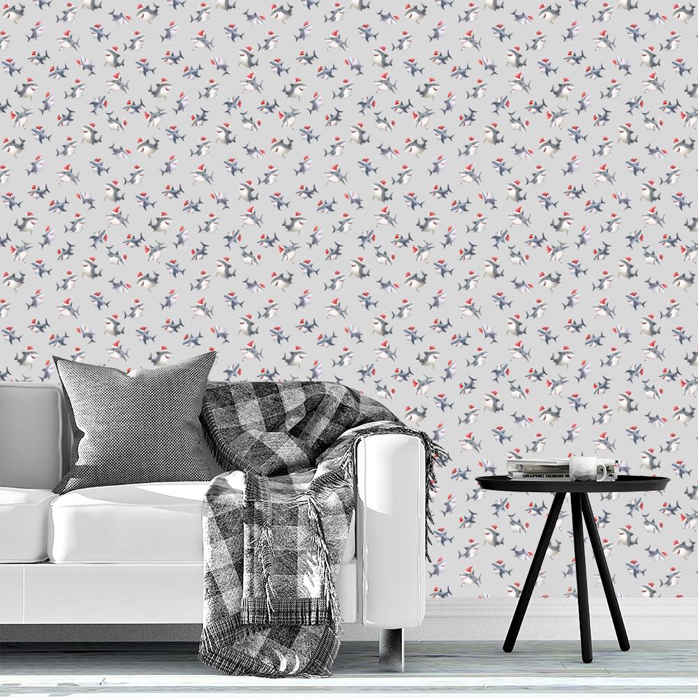 Tossed Christmas Sharks on Light Gray