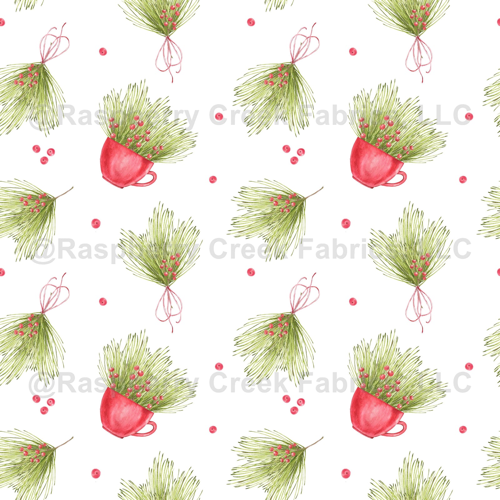 Red Cups with Pine Branches and Berries on White, Botanical Christmas by Eve.Patterns