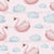 Swans and clouds on light pink background. The swans wear a cute crown. Image