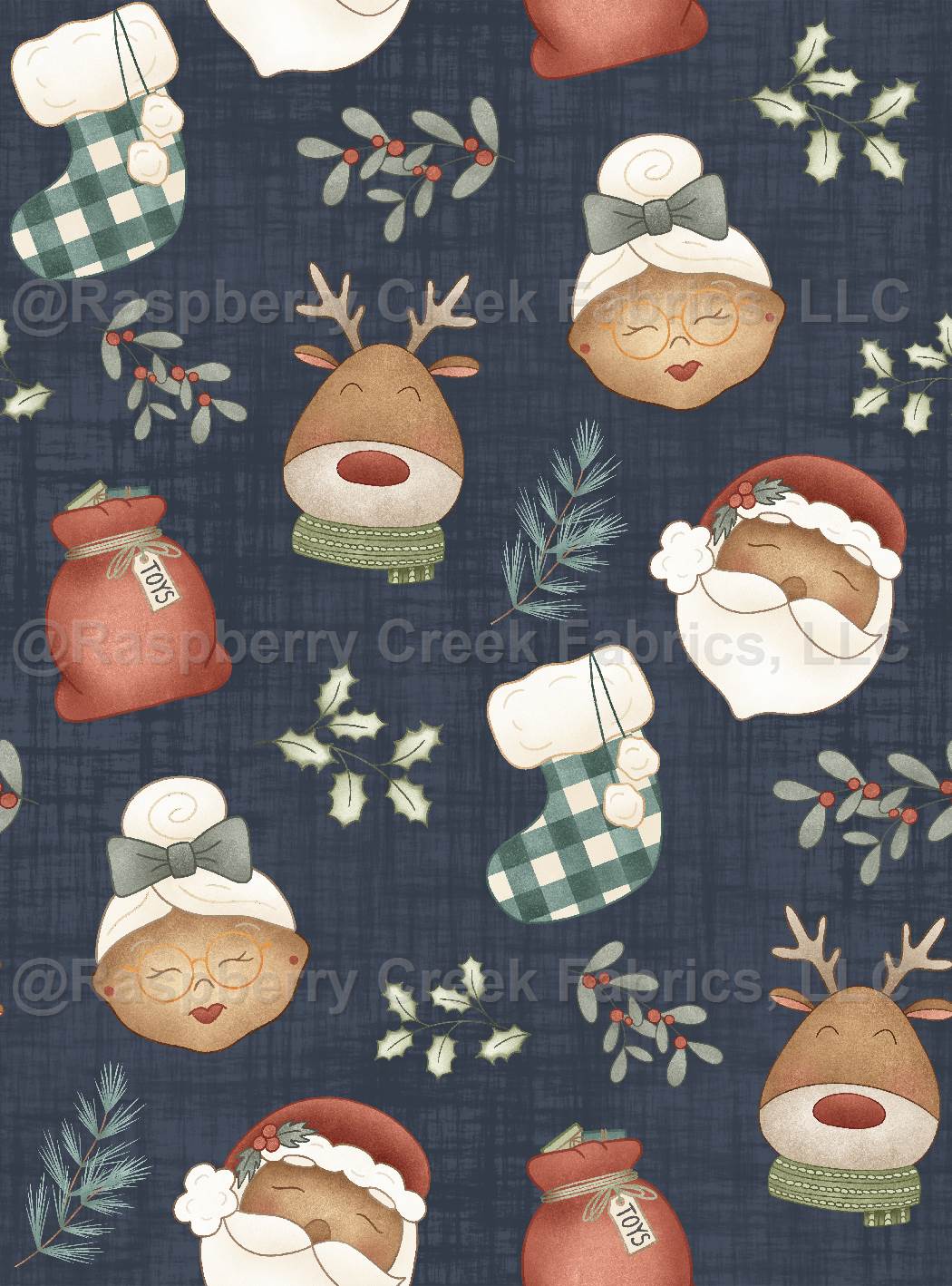 Feeling Jolly Santa Dark Skin Navy Fabric, Raspberry Creek Fabrics