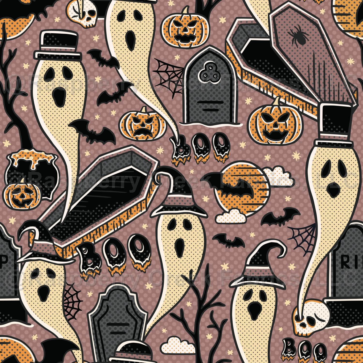 Cartoon ghosts and pumpkins - spooky cute retro Halloween - purple
