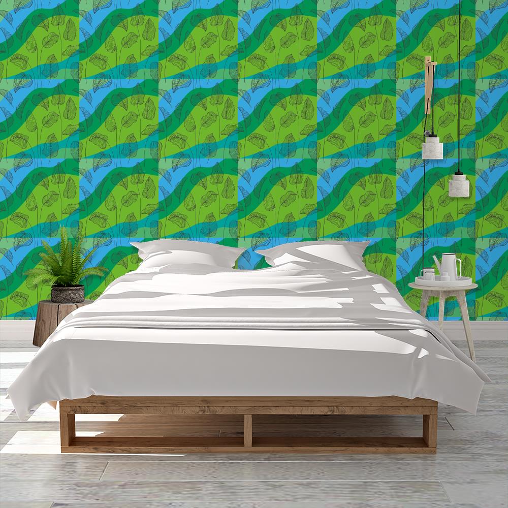 Blue and Green Tropical Wallpaper, Beach Collection, leaf design on waves of color, Colorful wallpaper