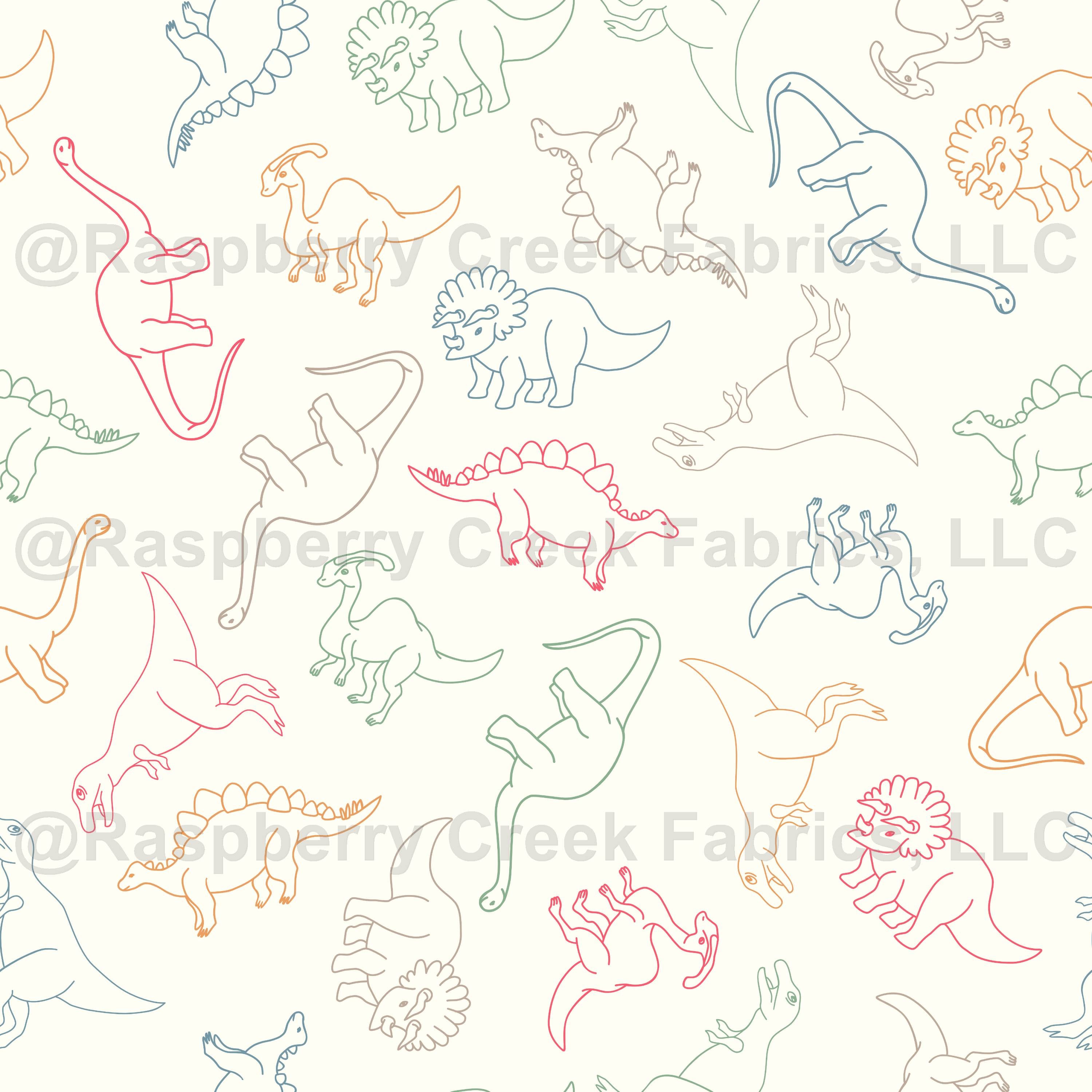 Cute Colorful Dinosaurs Line Art Scattered on Soft Beige, Dinosaurs by By Ramona watermarked
