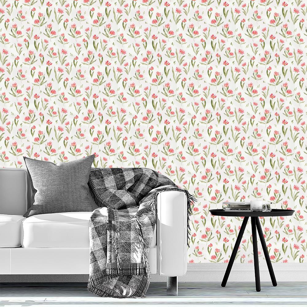 Happy Flowers Pink wallpaper design by Lisee Ree | Happy painted watercolor flowers dance across the painted background.