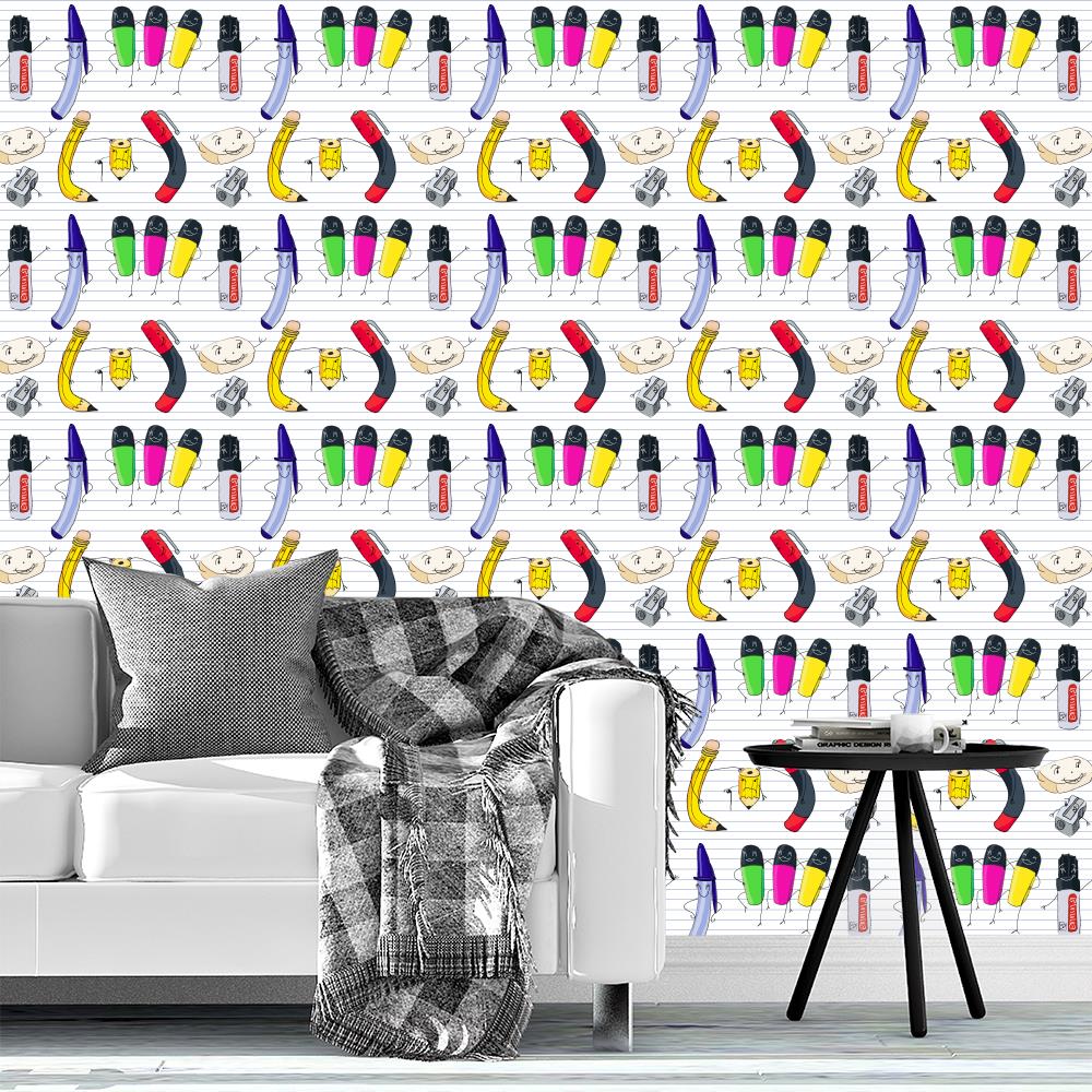 Pens and markers wallpaper, back to school funny fabric for kids, kids pattern seamless