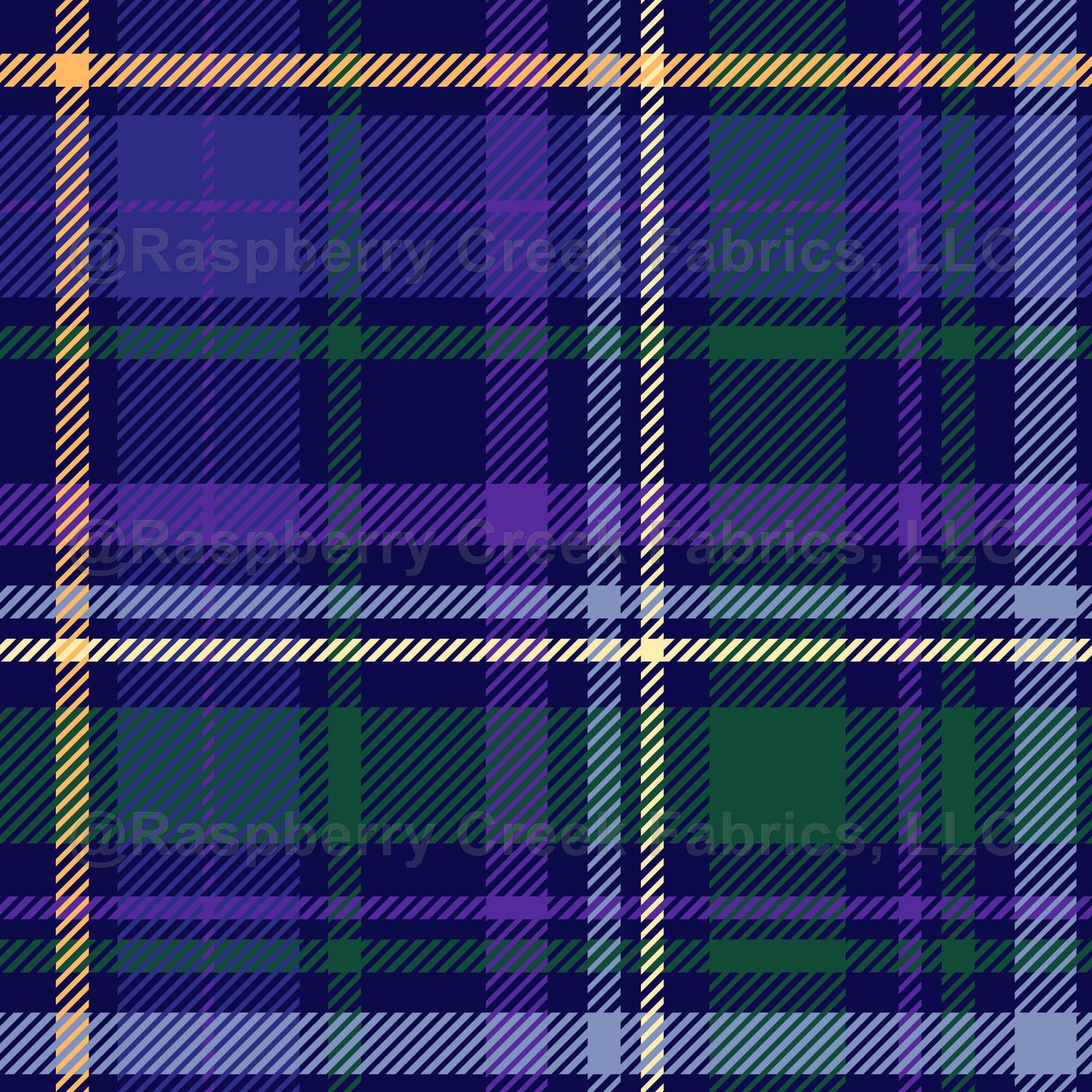 Large dark welsh style tartan. The colors depict the overall vibe of Wales: woods, meadows, sky, waters, bluebells, daffodils. Thinner yellow, orange and light blue stripes, base colors in blue and green.