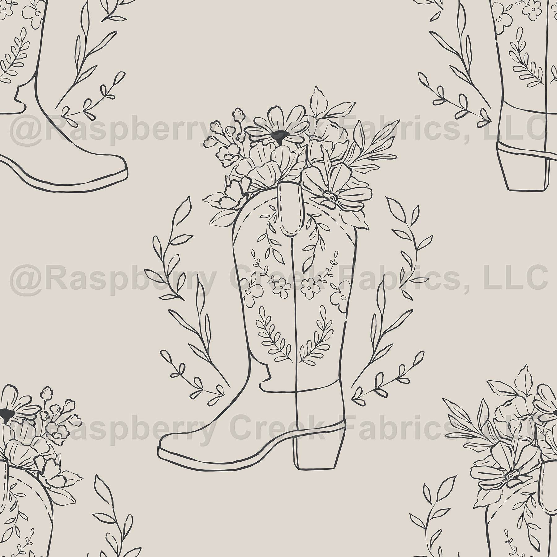 Dark Gray Sketched Cowgirl Boot Floral Drawing