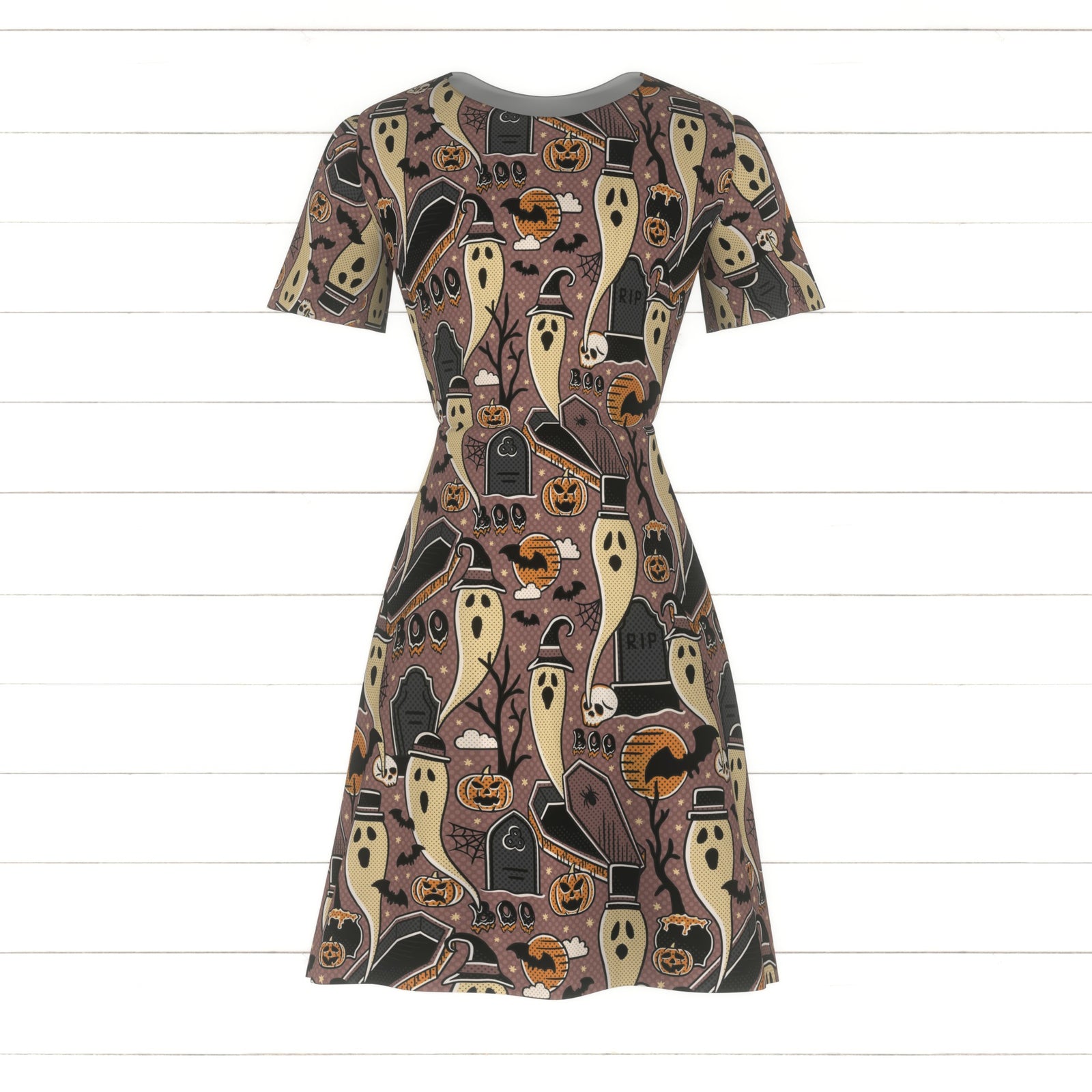 Cartoon ghosts and pumpkins - spooky cute retro Halloween - purple