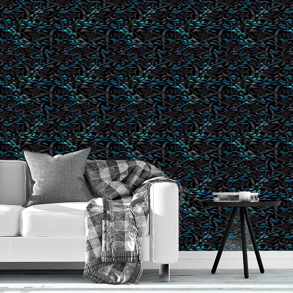 Electric Blue and Black Tropical Ocean Wallpaper ocean fish design, tropical wallpaper, Beach Collection