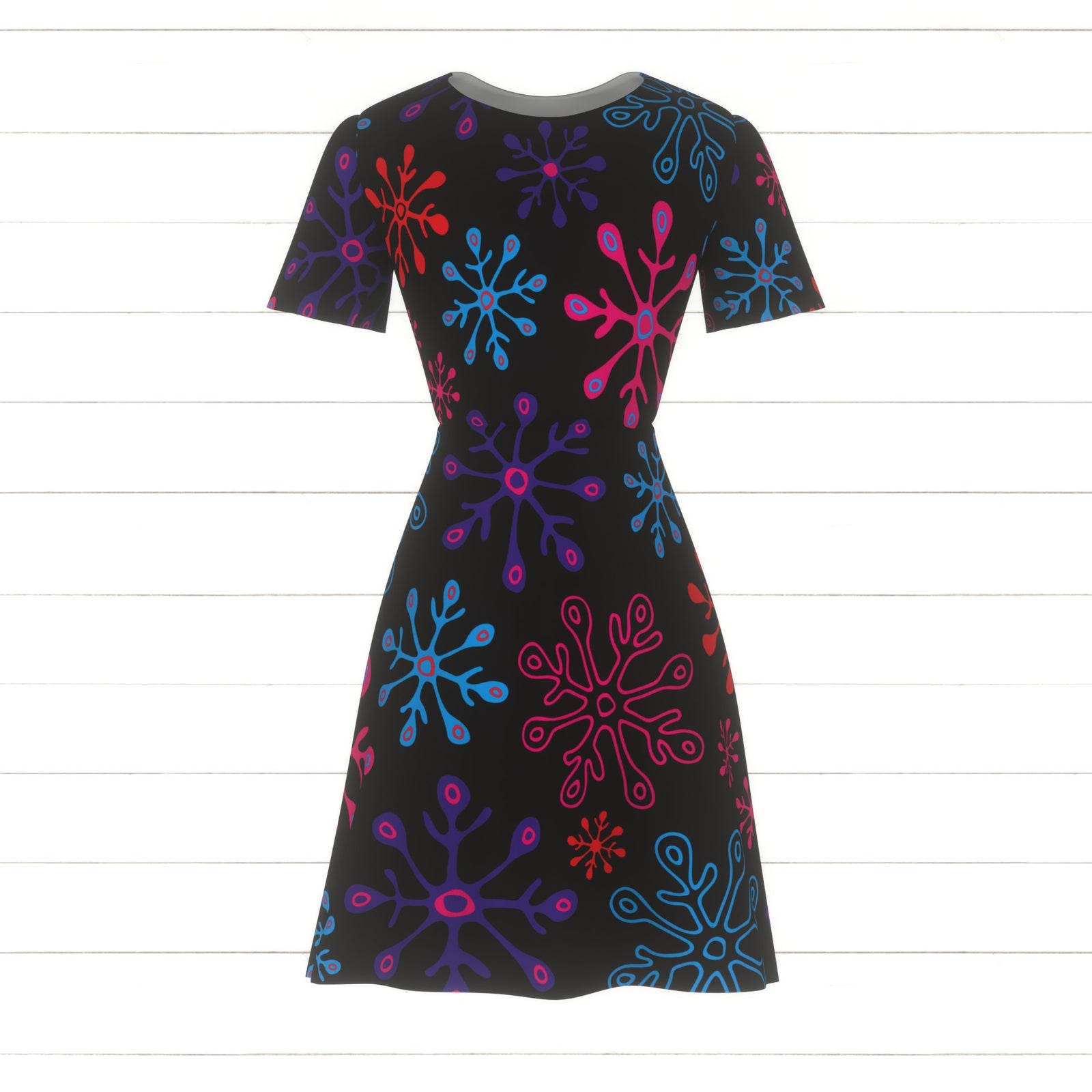 Snowflakes in Bright Fuchsia Pink Blue Purple Red on Black - UnBlink Studio by Jackie Tahara