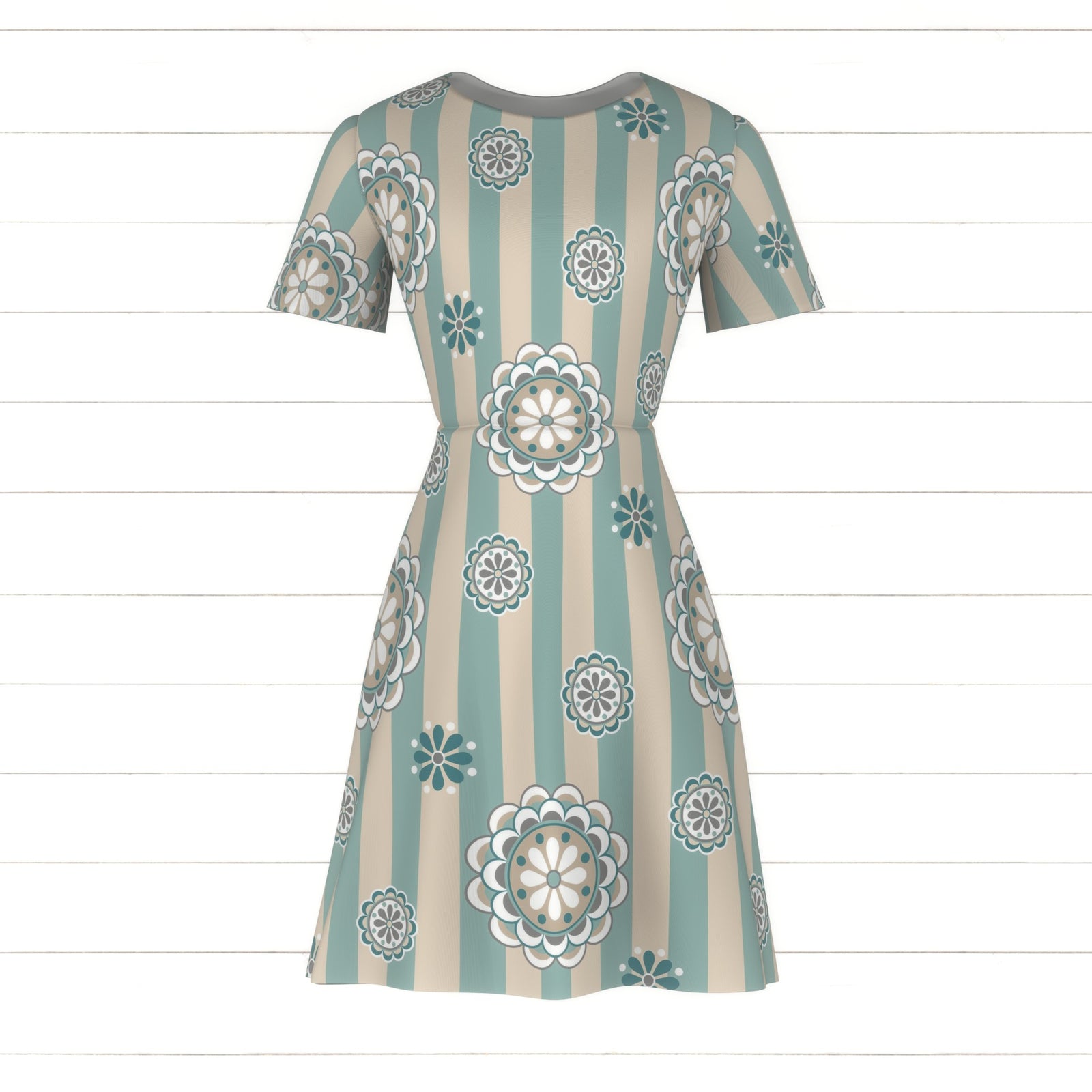 Mod Flowers on Stripes, Seafoam, Beige, Gray, Teal