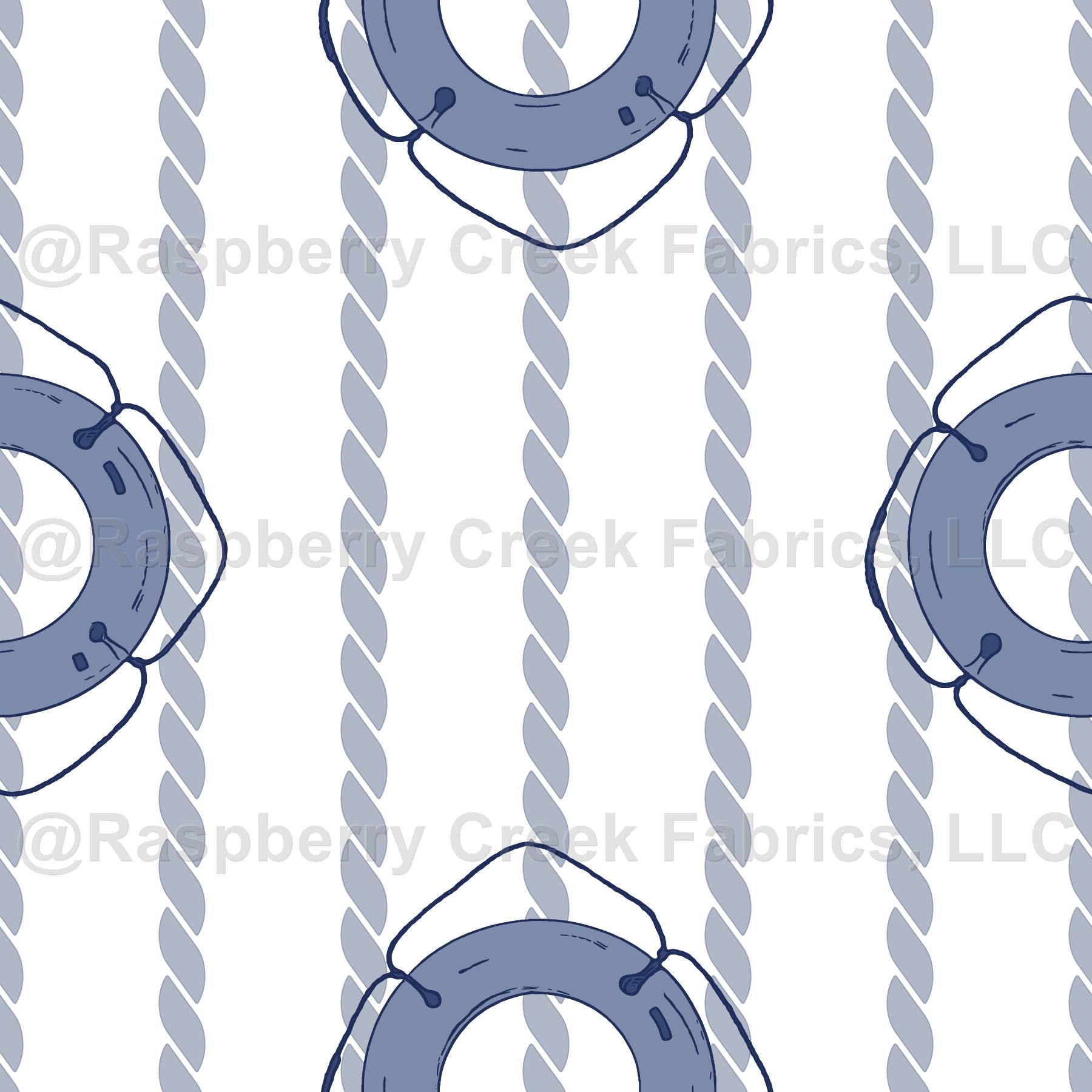 Navy Blue Life Preserver Bouy rope stripe Fabric, Raspberry Creek Fabrics