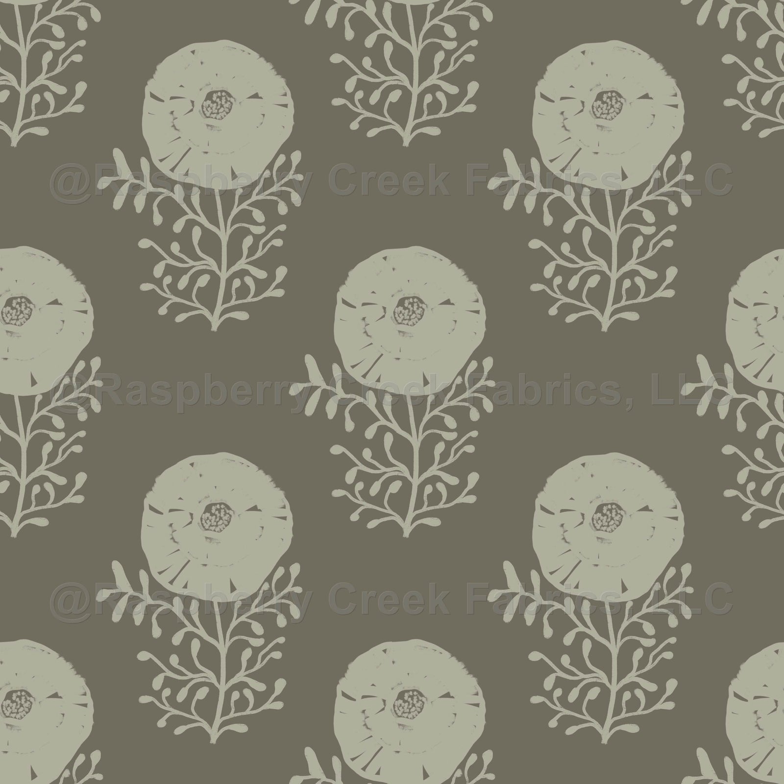 Edith Cream Folk Floral Block Print on Earthy Olive Wallpaper