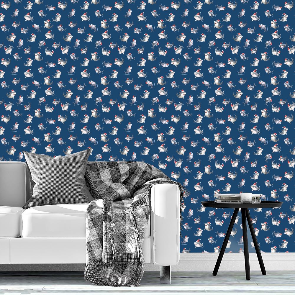 Tossed Christmas Sharks on Dark Blue